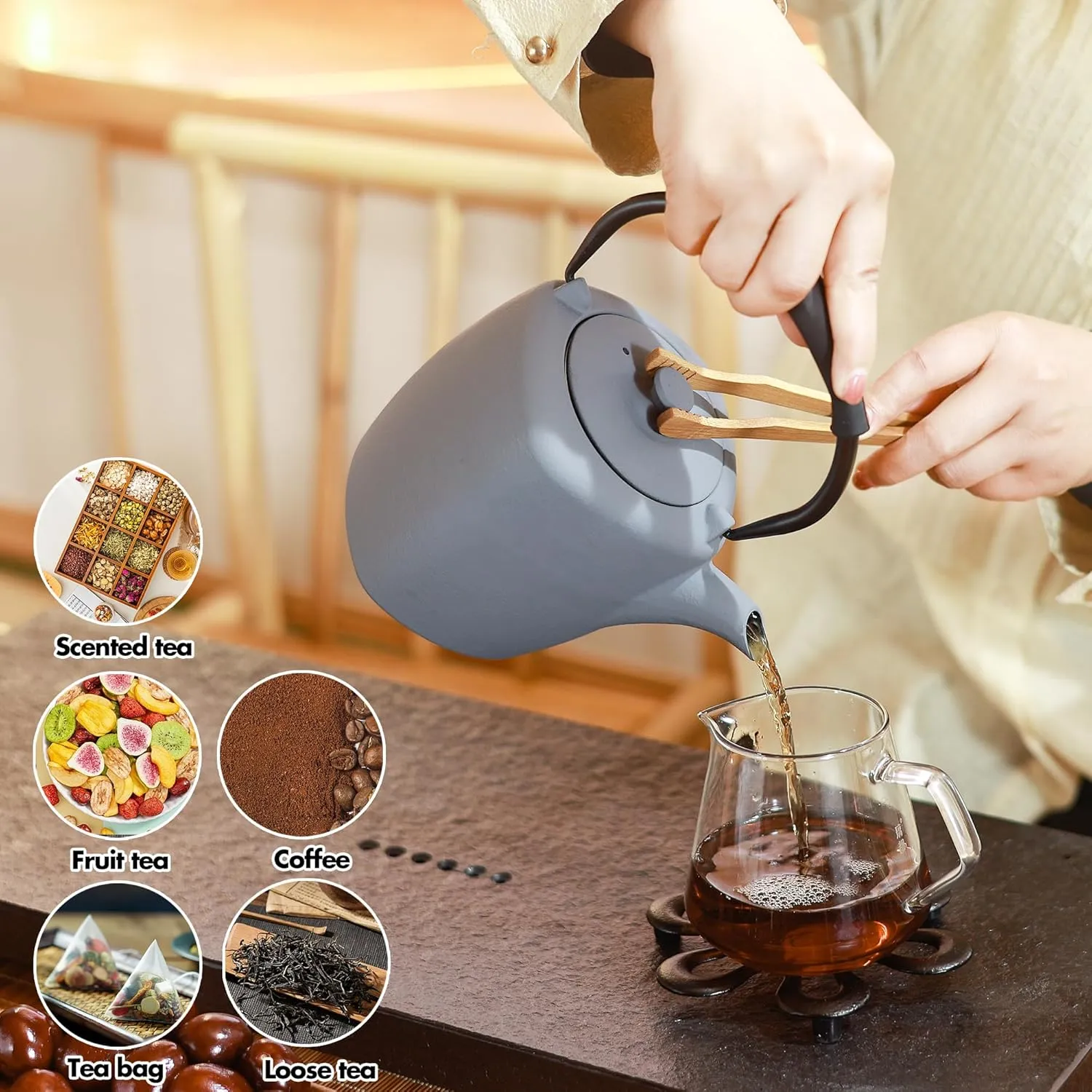 Cast Iron Teapot, 32oz Tea Kettle Stovetop Safe with Infuser for Tea Coffee, Japanese Irregular Molding Tea Pot with Enameled Interior, Silicone Handle, 950ml Light Grey