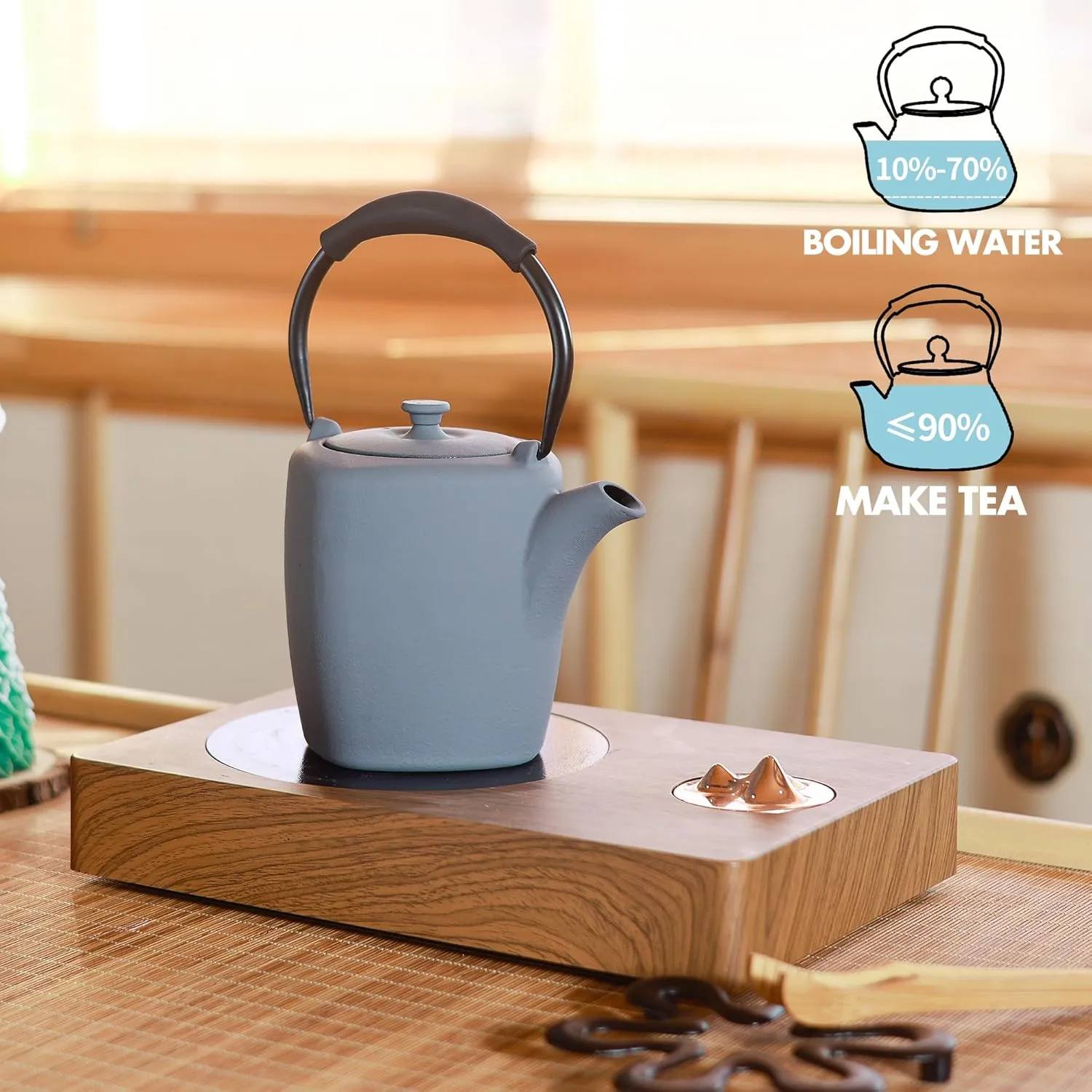 Cast Iron Teapot, 32oz Tea Kettle Stovetop Safe with Infuser for Tea Coffee, Japanese Irregular Molding Tea Pot with Enameled Interior, Silicone Handle, 950ml Light Grey