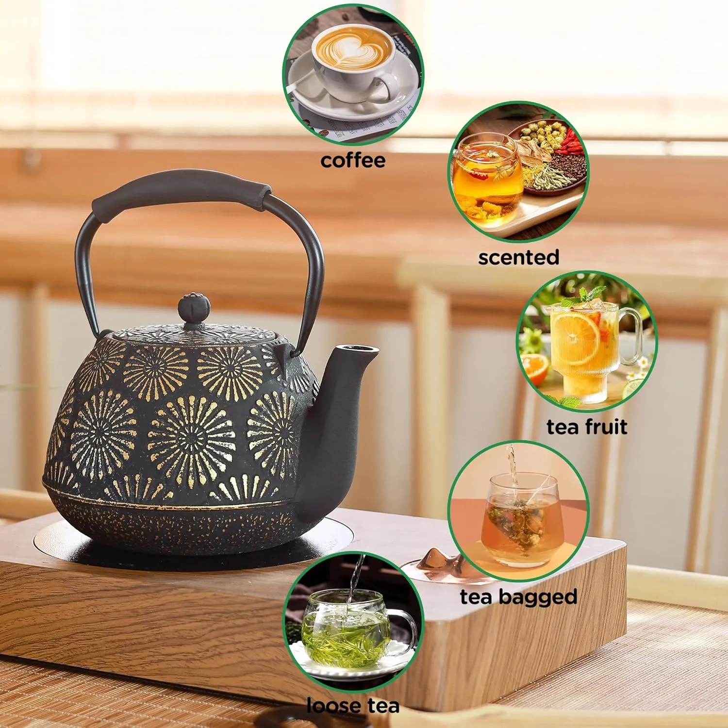 Cast Iron Teapot, 40oz Tea Kettle with Infuser for Stove Top, Sakura Design Japanese Tea Pot for Loose Leaf Coated with Enameled Interior, Silicone Handle 1200ml Black