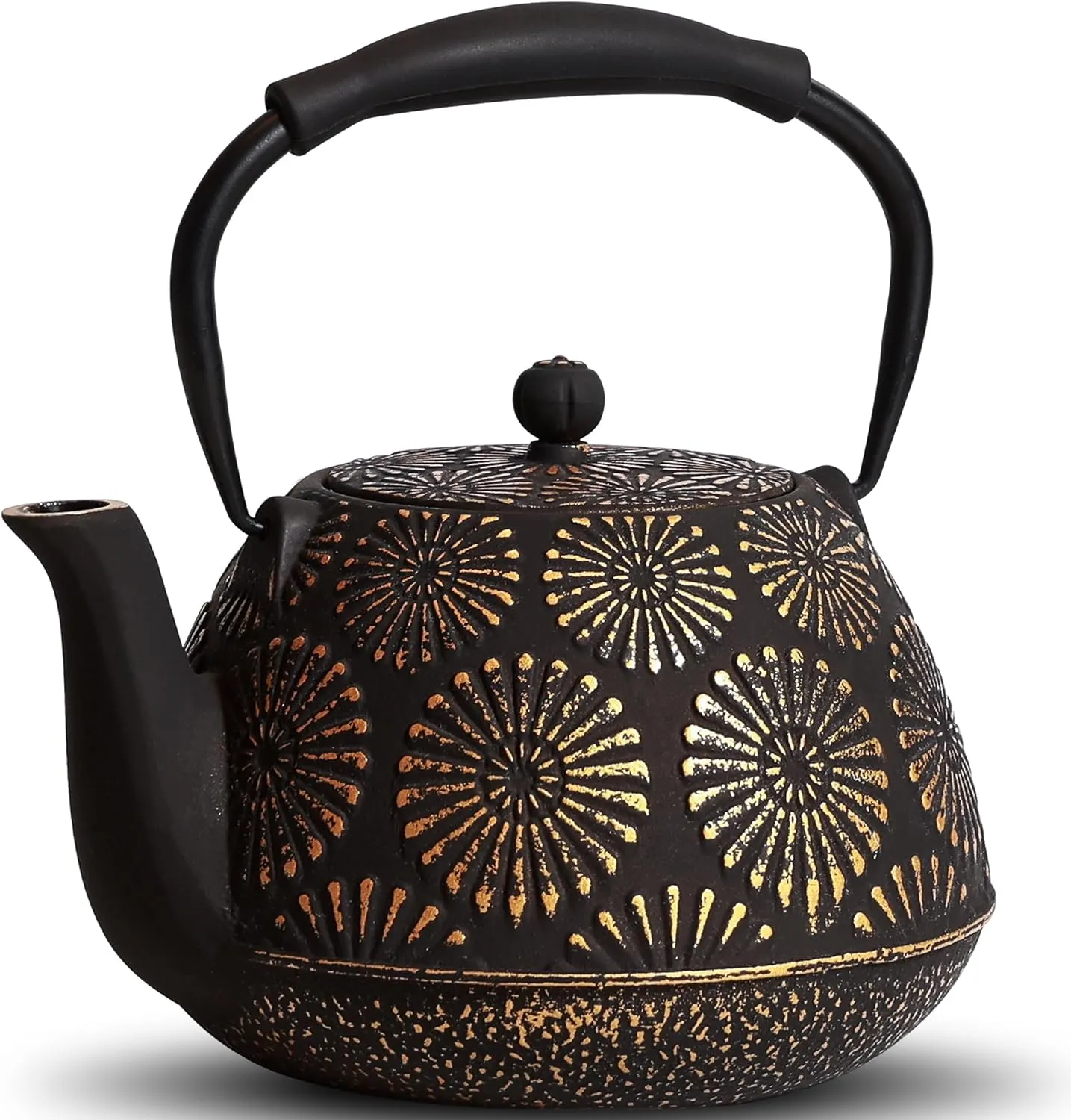 Cast Iron Teapot, 40oz Tea Kettle with Infuser for Stove Top, Sakura Design Japanese Tea Pot for Loose Leaf Coated with Enameled Interior, Silicone Handle 1200ml Black