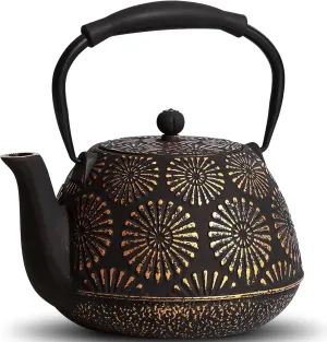 Cast Iron Teapot, 40oz Tea Kettle with Infuser for Stove Top, Sakura Design Japanese Tea Pot for Loose Leaf Coated with Enameled Interior, Silicone Handle 1200ml Black