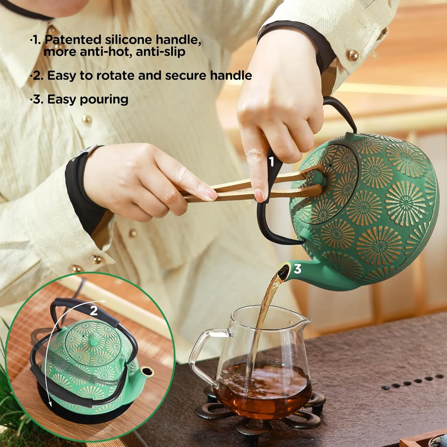 Cast Iron Teapot, 40oz Tea Kettle with Infuser for Stove Top, Sakura Design Japanese Tea Pot for Loose Leaf Coated with Enameled Interior, Silicone Handle 1200ml Black