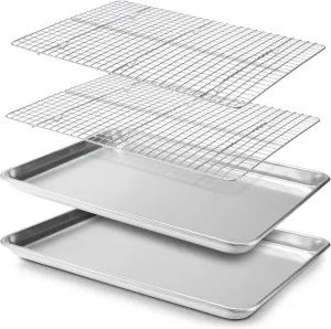 Checkered Chef Baking Sheet, 2 Pack Half Sheet Pan with Stainless Steel Wire Rack Set - Easy Clean Cookie Sheets for Baking