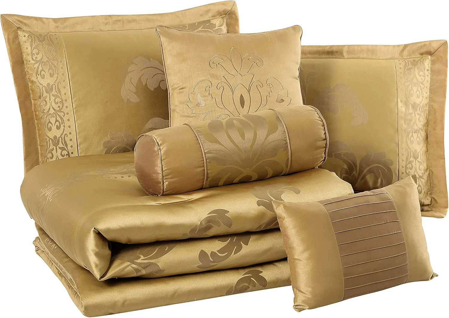 Chezmoi Collection 7-Piece Jacquard Floral Comforter Set (King, Gold)