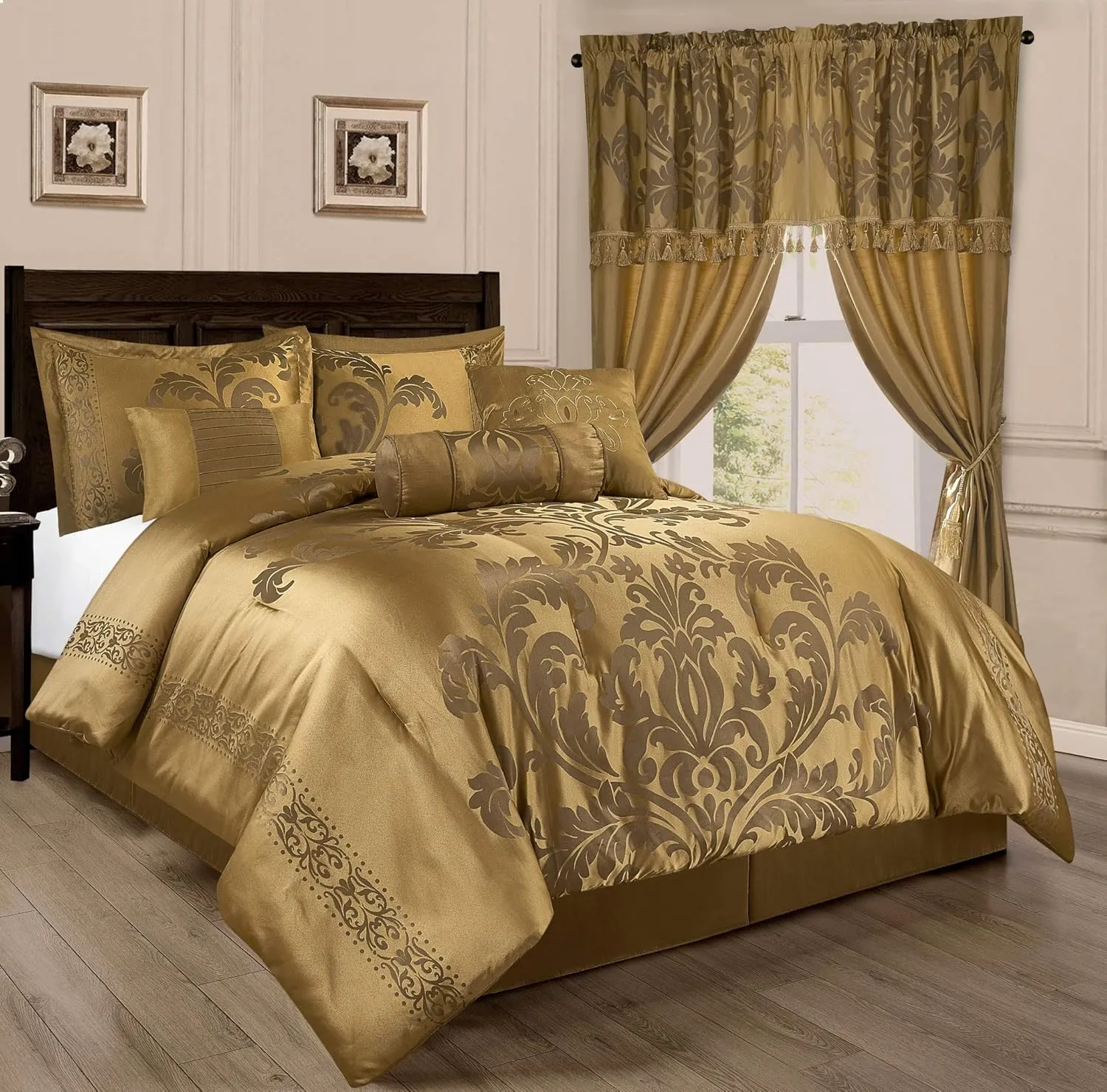 Chezmoi Collection 7-Piece Jacquard Floral Comforter Set (King, Gold)