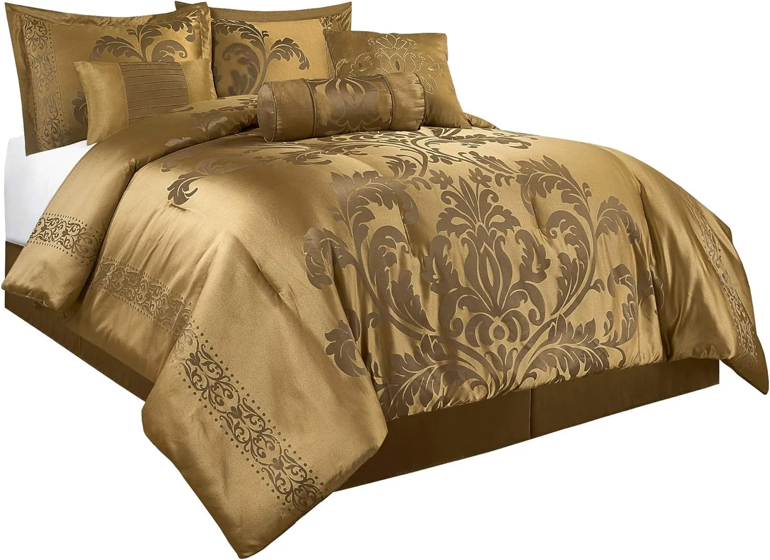 Chezmoi Collection 7-Piece Jacquard Floral Comforter Set (King, Gold)