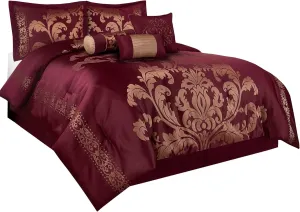 Chezmoi Collection 7-Piece Jacquard Floral Comforter Set (King, Maroon)