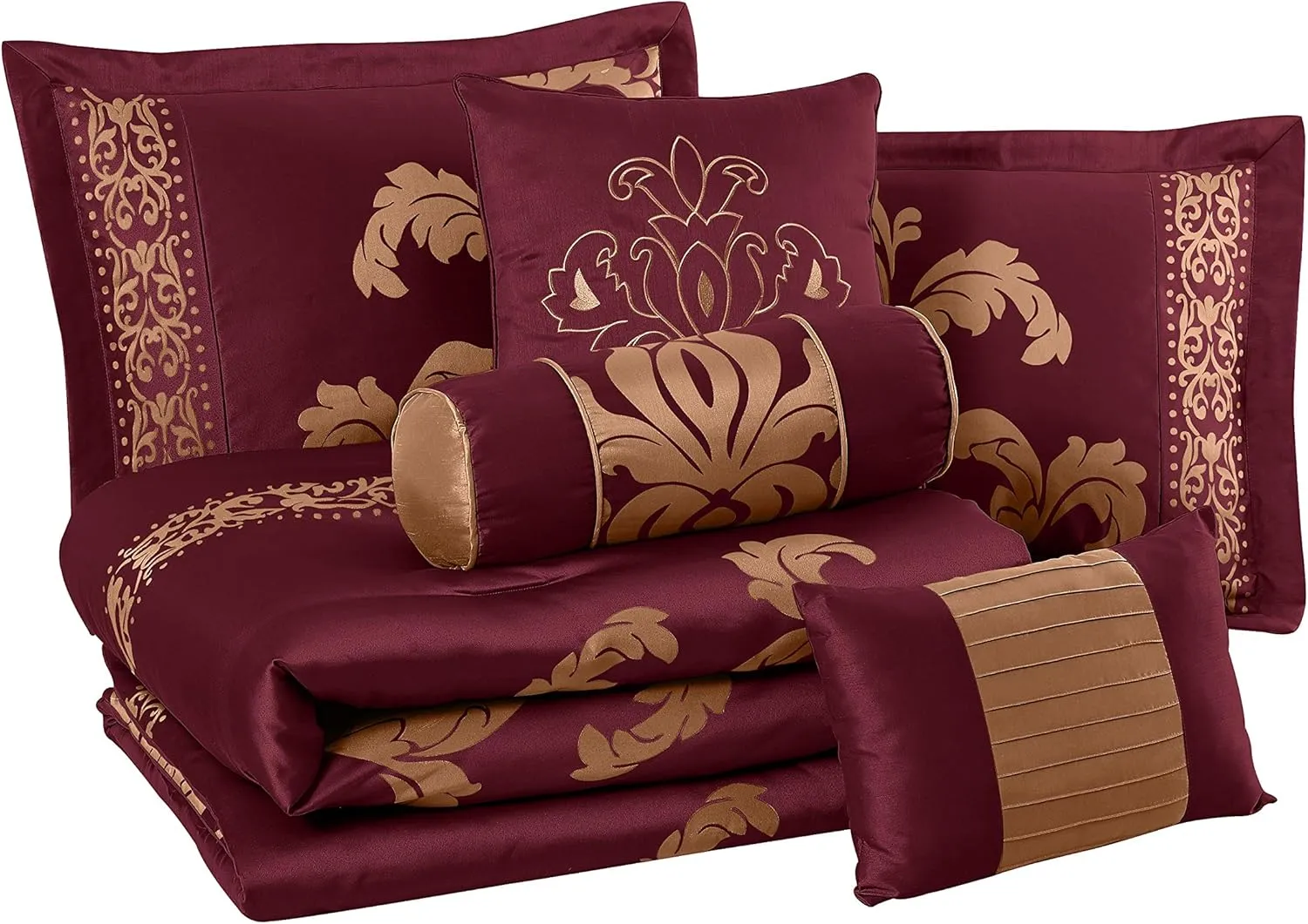 Chezmoi Collection 7-Piece Jacquard Floral Comforter Set (King, Maroon)