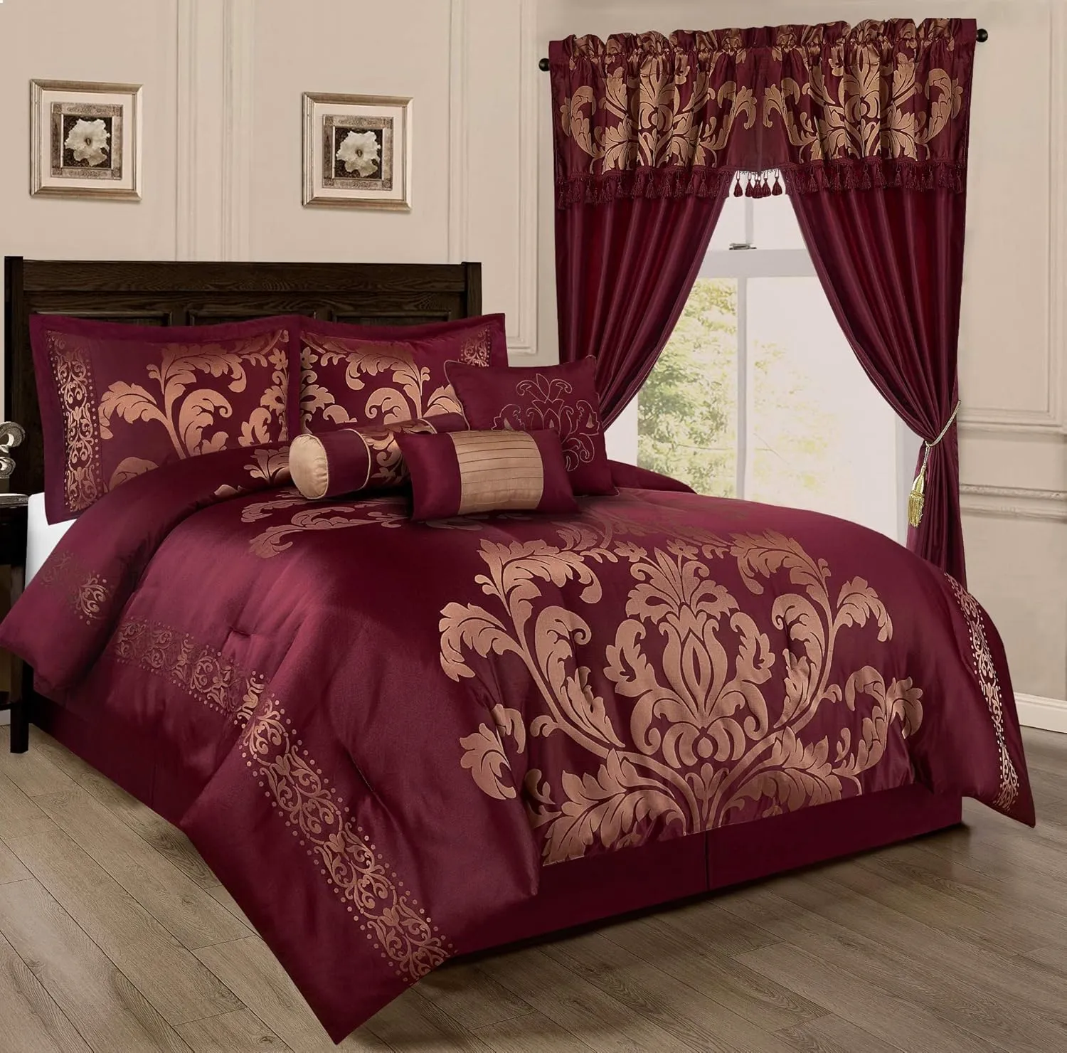 Chezmoi Collection 7-Piece Jacquard Floral Comforter Set (King, Maroon)