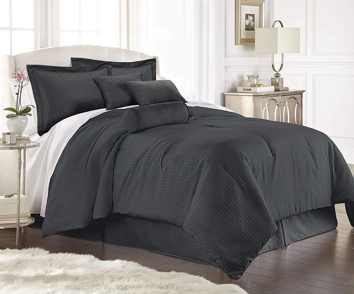 Chezmoi Collection Lex 7-Piece Dobby Stripe Comforter Set - King, Gray