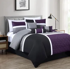 Chezmoi Collection Upland 7-Piece Quilted Patchwork Comforter Set, Purple/Black/Gray, King