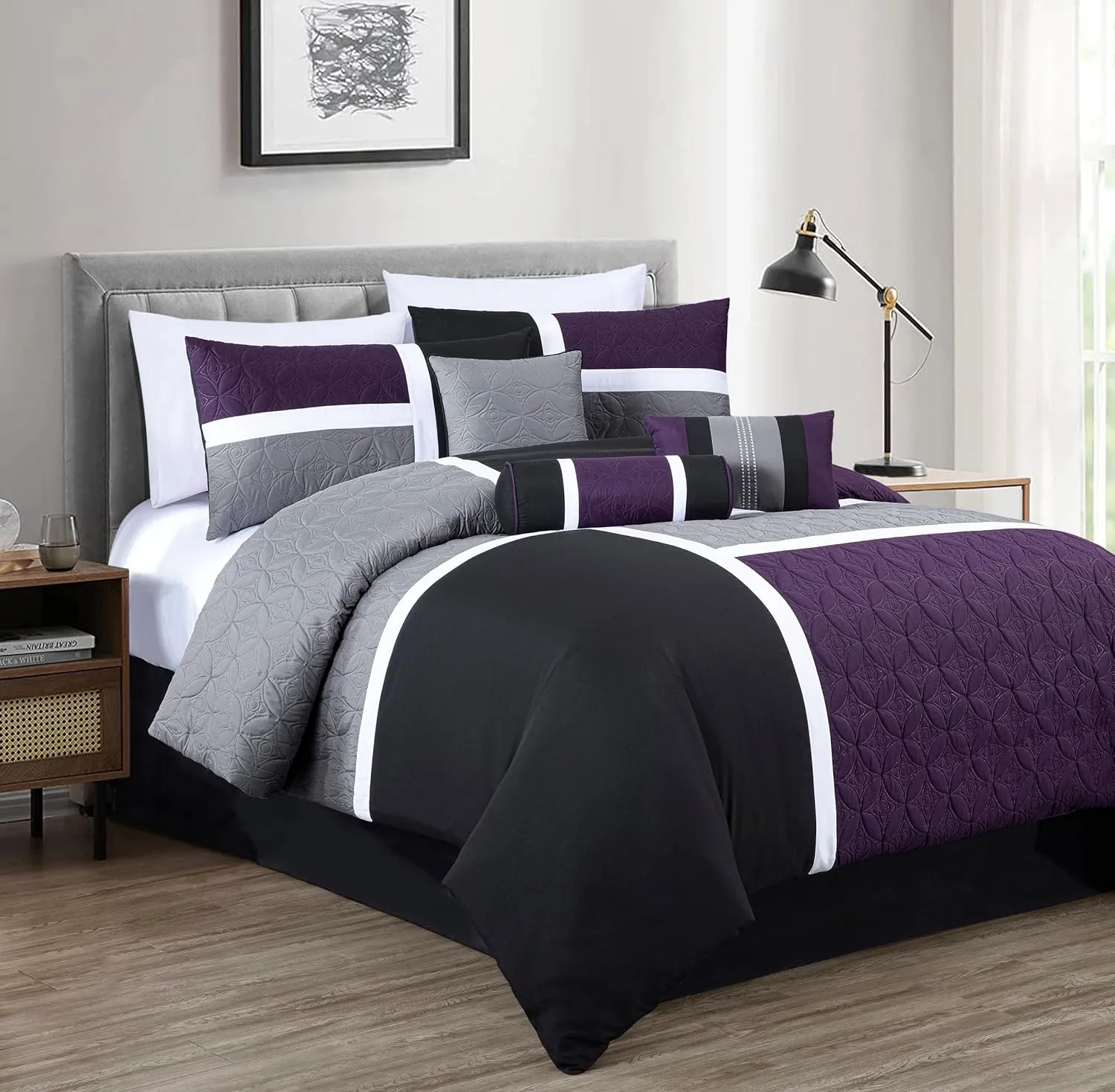 Chezmoi Collection Upland 7-Piece Quilted Patchwork Comforter Set, Purple/Black/Gray, King