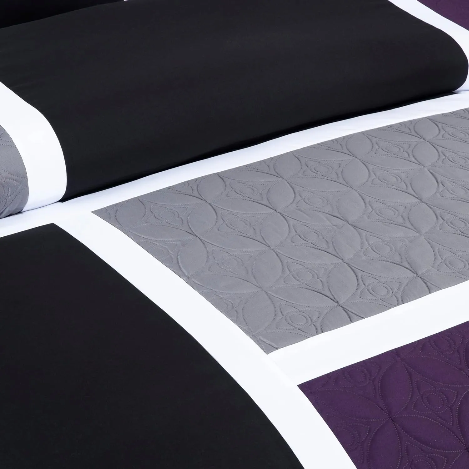 Chezmoi Collection Upland 7-Piece Quilted Patchwork Comforter Set, Purple/Black/Gray, King