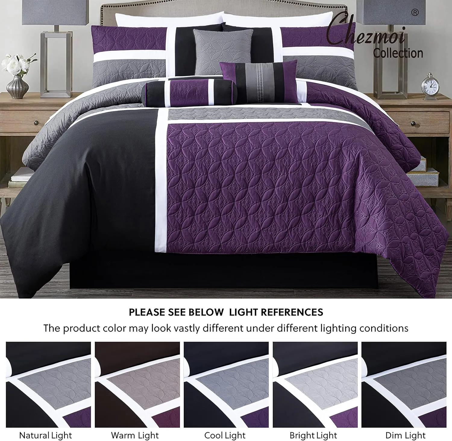 Chezmoi Collection Upland 7-Piece Quilted Patchwork Comforter Set, Purple/Black/Gray, King