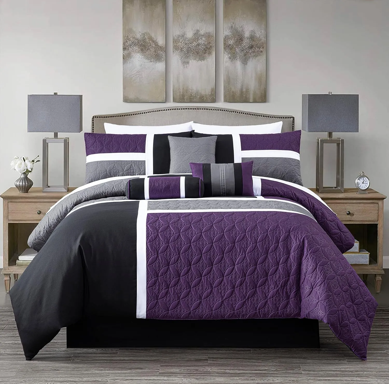 Chezmoi Collection Upland 7-Piece Quilted Patchwork Comforter Set, Purple/Black/Gray, King