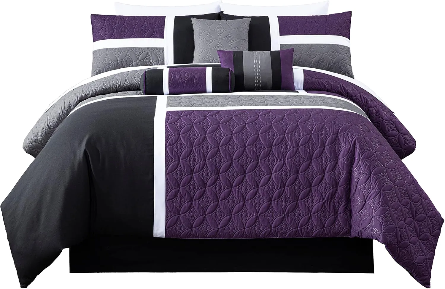 Chezmoi Collection Upland 7-Piece Quilted Patchwork Comforter Set, Purple/Black/Gray, King