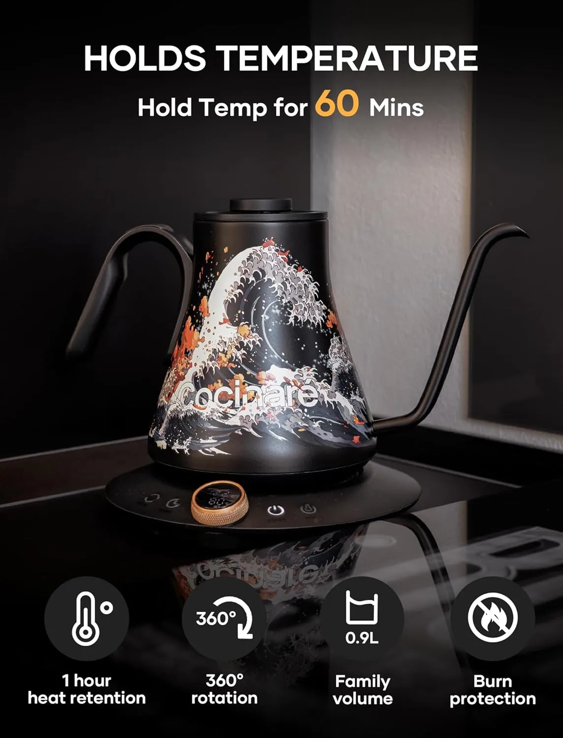 Cocinare Electric Gooseneck Kettle with Temperature Control, Pour Over Coffee & Tea, 1200W for 180-sec Quick Boil Time, 600g Ultra Light, 30oz/0.9L (Wave)