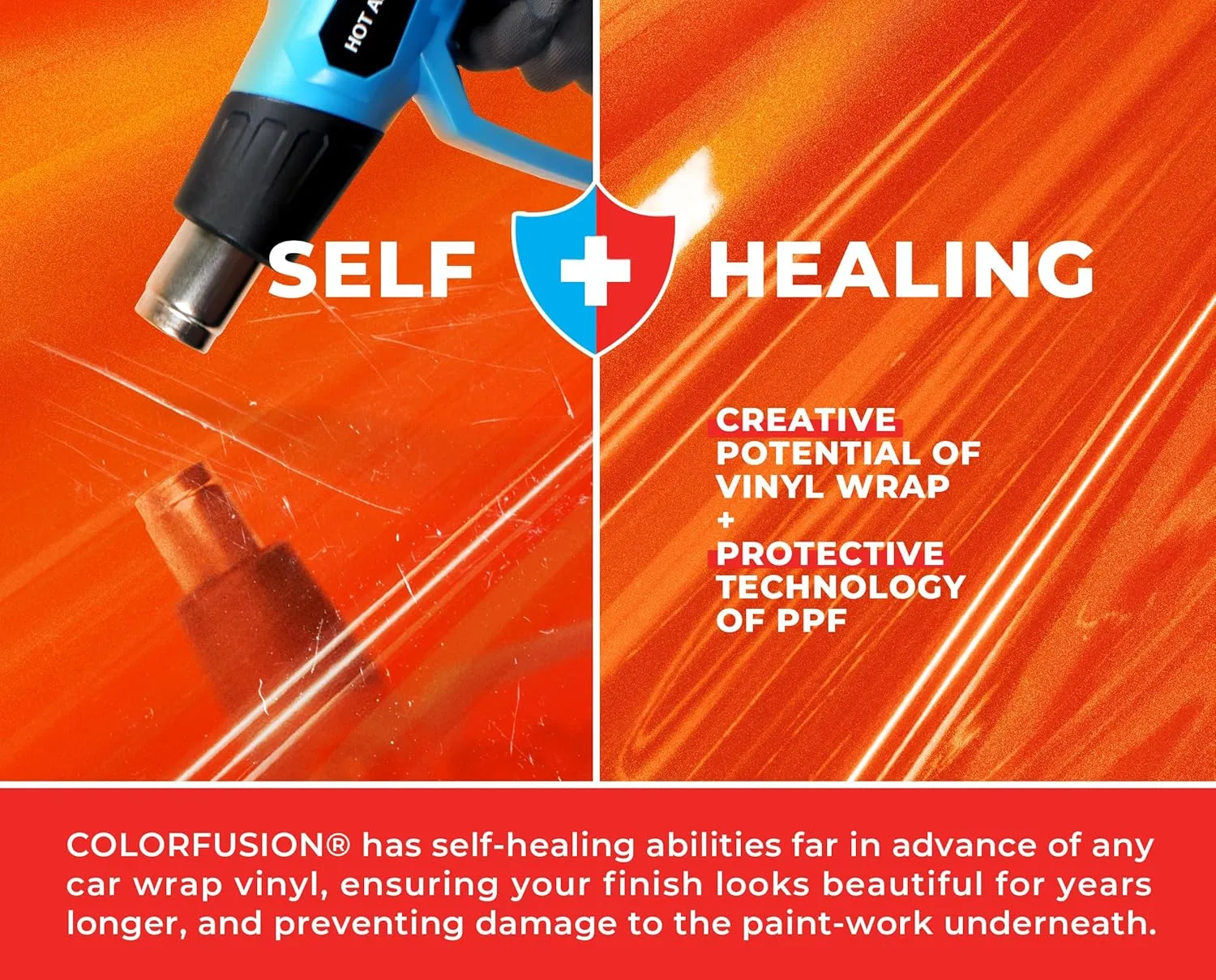 ColorFusion PPF by VViViD, Gloss Flame Orange Dry Apply PPF Vinyl Car Wrap Roll 1ft x 5ft
