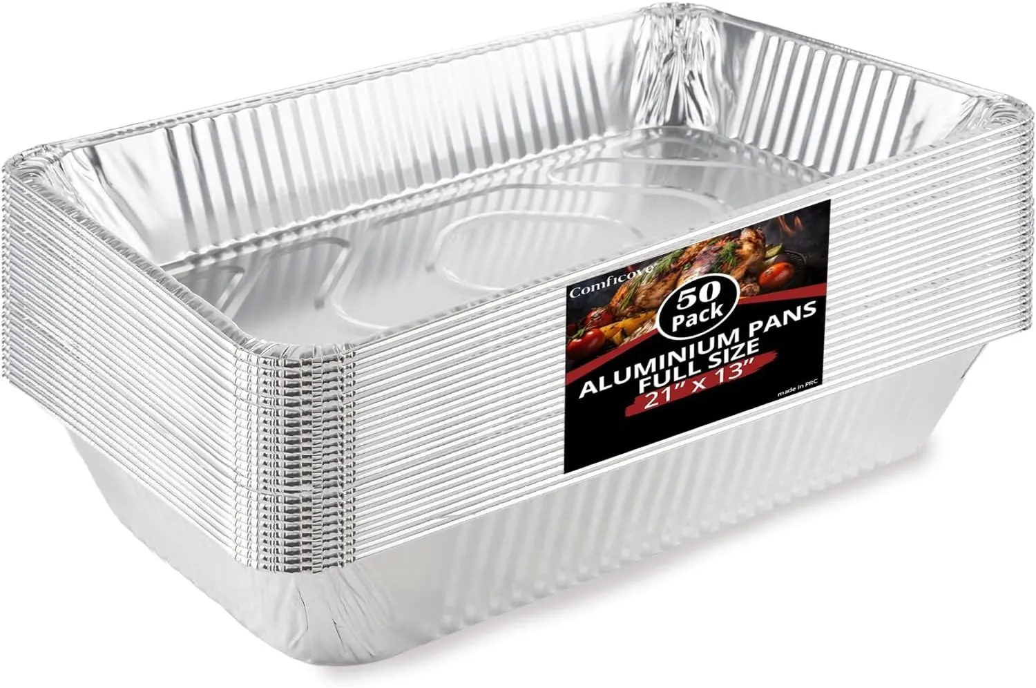 COMFICOVE Aluminum Pans Disposable (50 Pack), 21x13 Pans for, Prepping, Roasting, Food, Storing, Heating, Cooking, Chafers, Catering, BBQ Grilling, Sturdy Baking Pan Trays