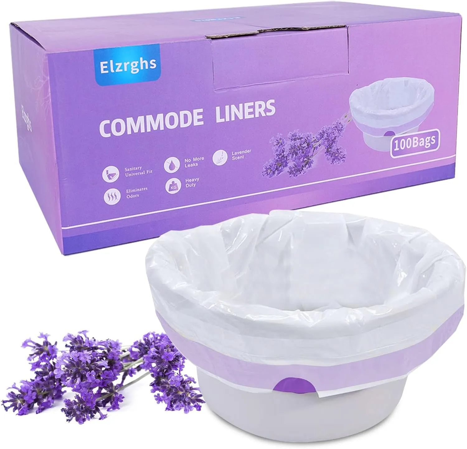 Commode Liners for Bedside Commode, Portable Toilet, Bed Pan, 100 Count Lavender Scented Disposable Potty Chair Liners