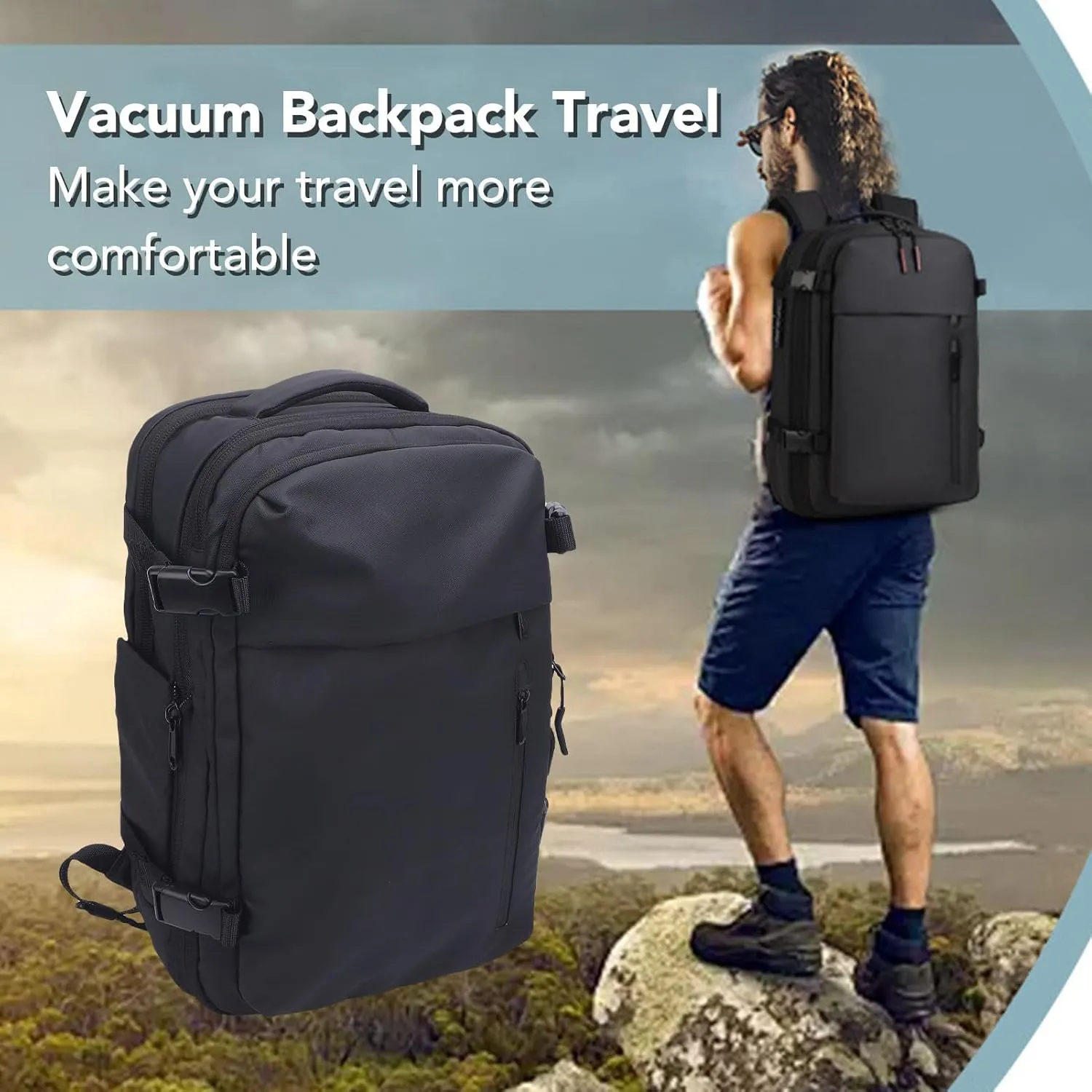 Compression Travel Backpack, 55L Large Expandable Backpack Storage Vacuum Backpacks, Water Proof Casual Backpacks with Pump & Packing Cubes for College, Travel, Work (Black)