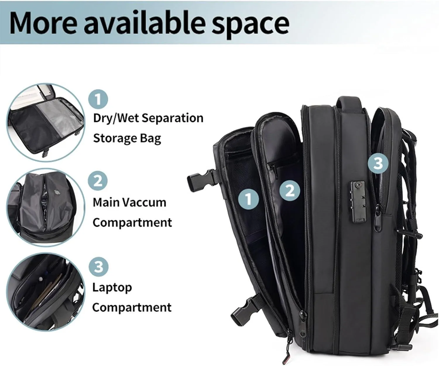 Compression Travel Backpack, 55L Large Expandable Backpack Storage Vacuum Backpacks, Water Proof Casual Backpacks with Pump & Packing Cubes for College, Travel, Work (Black)