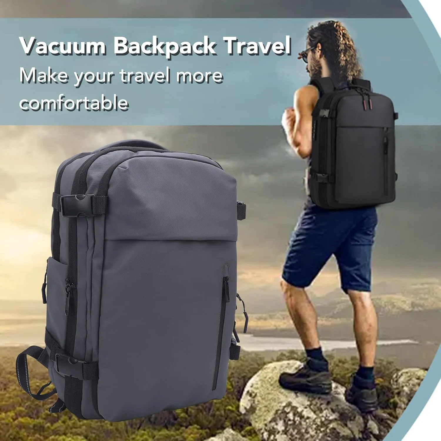 Compression Travel Backpack, 55L Large Expandable Backpack Storage Vacuum Backpacks, Water Proof Casual Backpacks with Pump & Packing Cubes for College, Travel, Work (Gray)