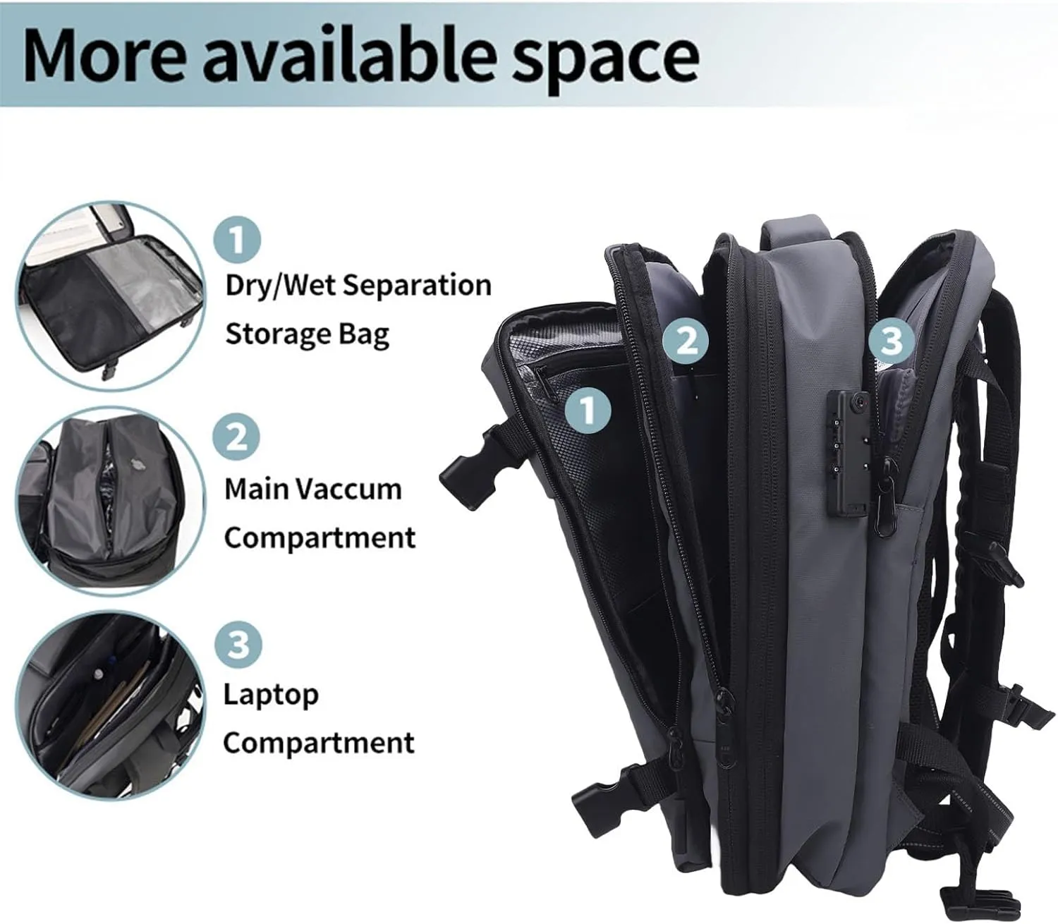 Compression Travel Backpack, 55L Large Expandable Backpack Storage Vacuum Backpacks, Water Proof Casual Backpacks with Pump & Packing Cubes for College, Travel, Work (Gray)