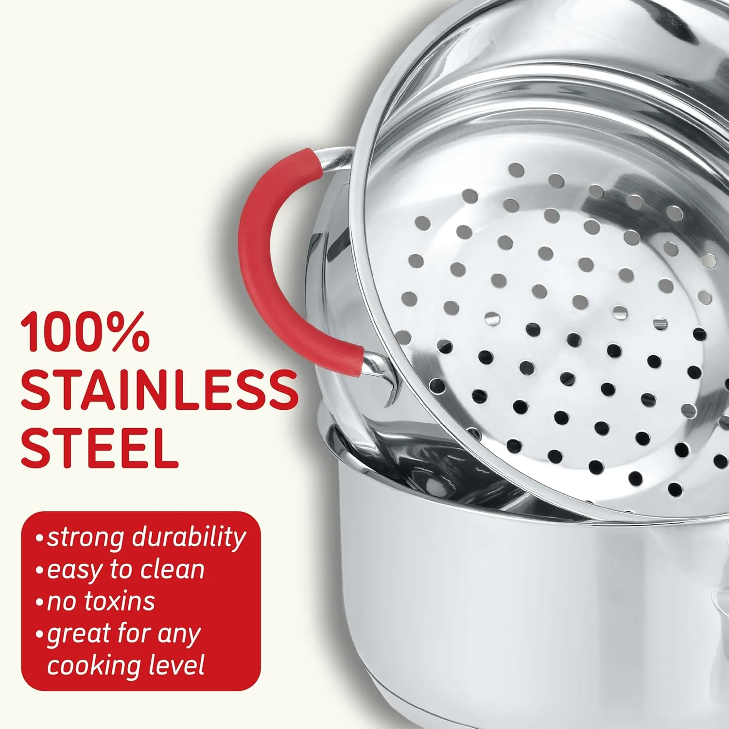 Concord Stainless Steel SIMPLE POUR Saucepan with Steamer Tier. Vented Glass Lid. Features Dual Pouring Spouts and Volume Marking on pot. Perfect for making Sauces, Jam, Ramen, and more (3 Quart)