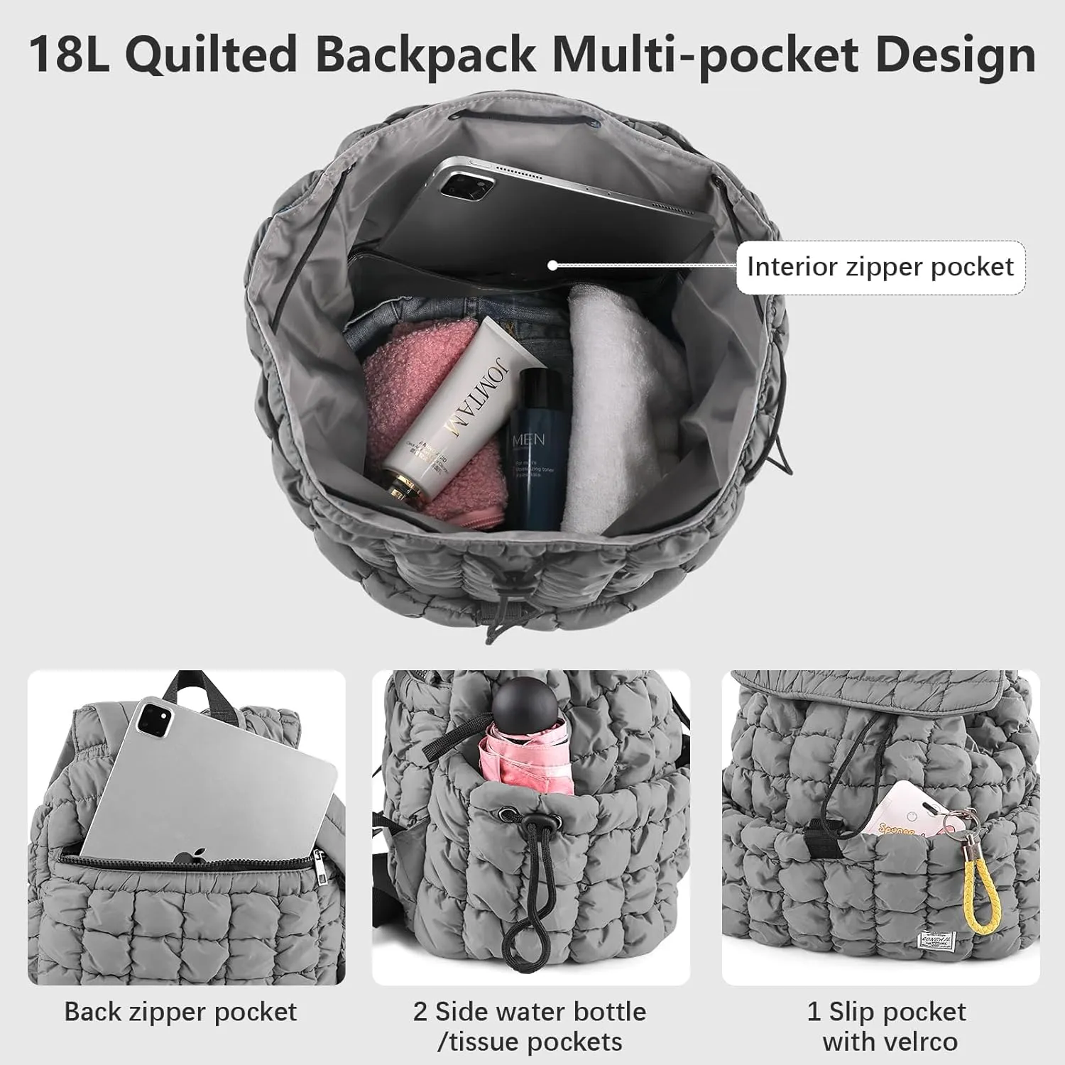 CONTAIL 18L Quilted Puffer Backpack for Women,Lightweight Puffy Hiker Pack,Grey