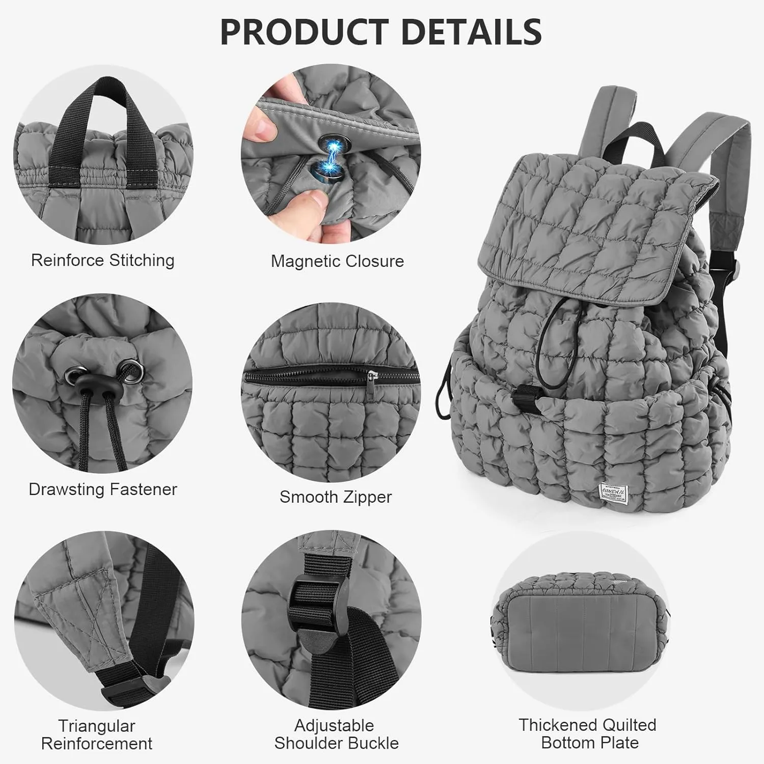 CONTAIL 18L Quilted Puffer Backpack for Women,Lightweight Puffy Hiker Pack,Grey