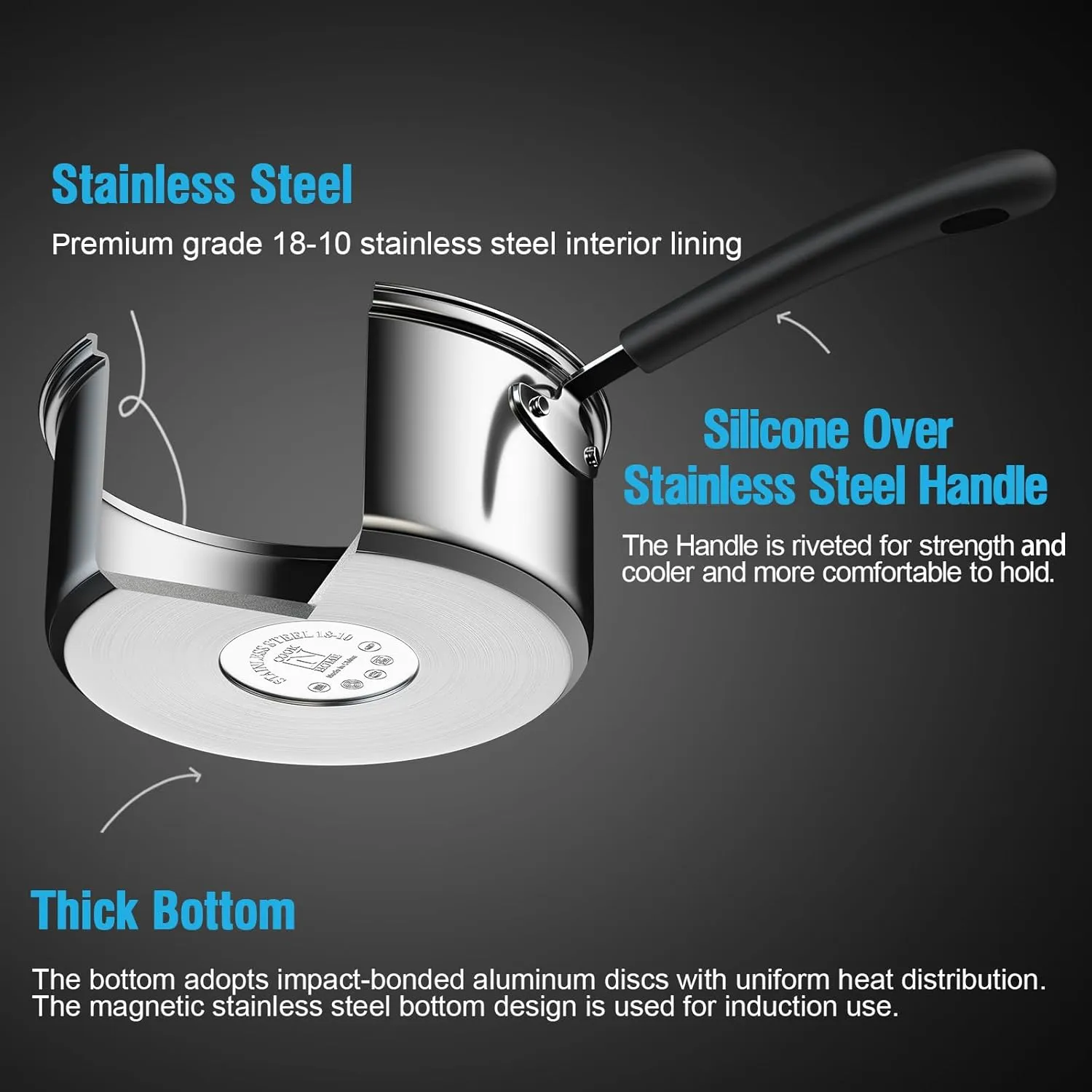 Cook N Home Saucepan Set Sauce Pot With Lid 1QT and 2QT Stainless Steel, Stay Cool Handle, silver
