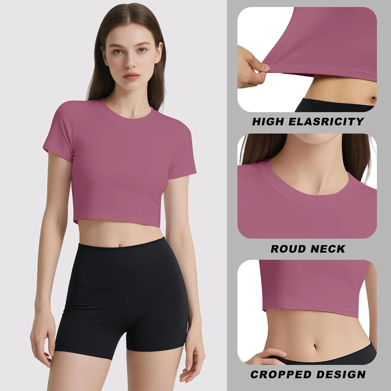 Coume 4 Pack Women's Compression Crop Tops Dry Fit Short Sleeve T Shirt Crew Neck Workout Athletic Shirt Yoga Tight Basic Tee