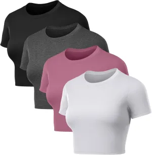 Coume 4 Pack Women's Compression Crop Tops Dry Fit Short Sleeve T Shirt Crew Neck Workout Athletic Shirt Yoga Tight Basic Tee