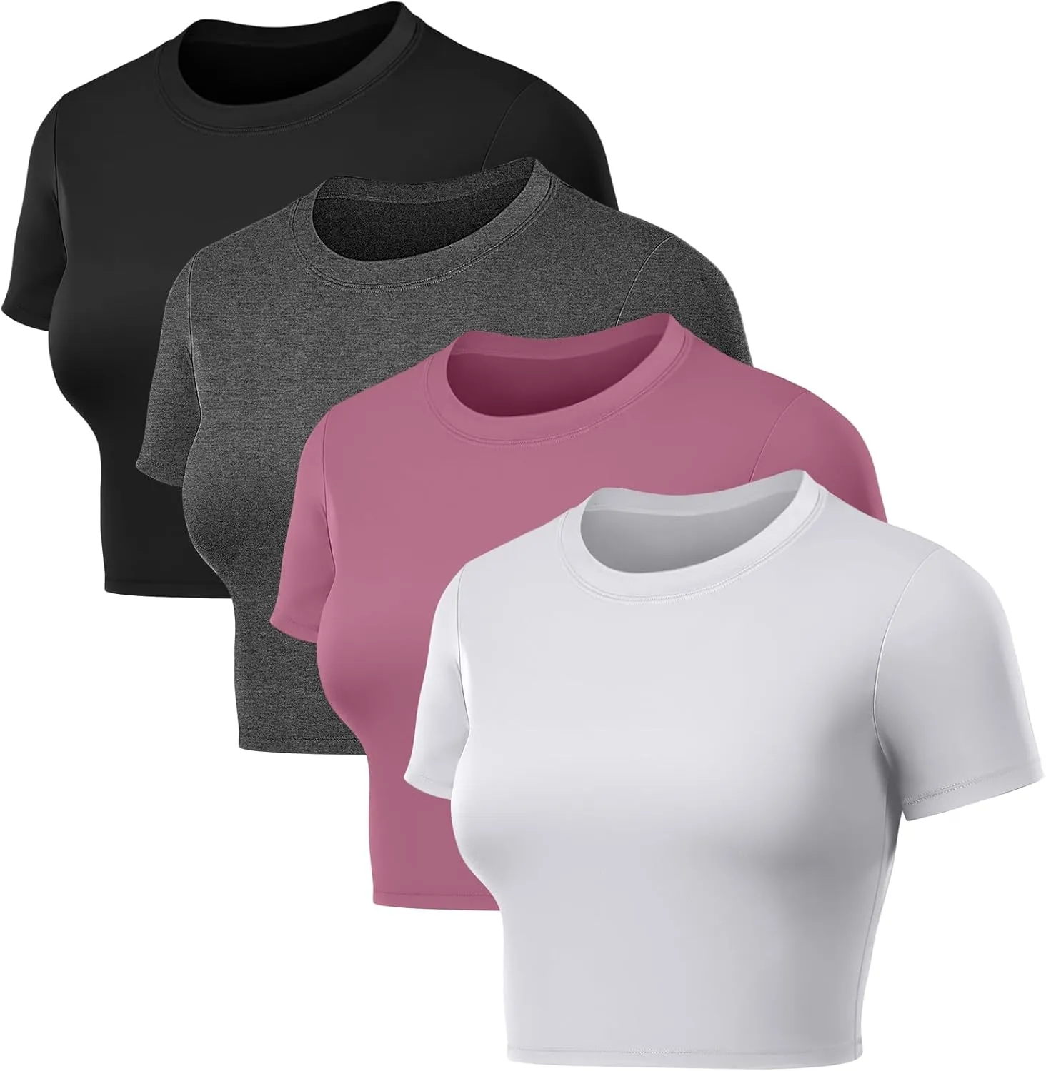 Coume 4 Pack Women's Compression Crop Tops Dry Fit Short Sleeve T Shirt Crew Neck Workout Athletic Shirt Yoga Tight Basic Tee