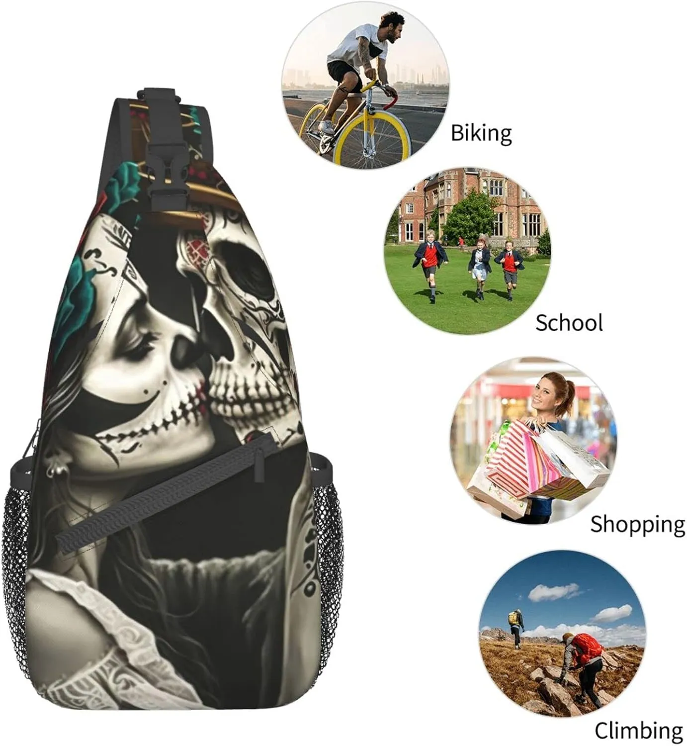 Couple Skull Outdoor Cross-body Shoulder Bag, Unisex Backpack For Women Men Young Hiking Travel