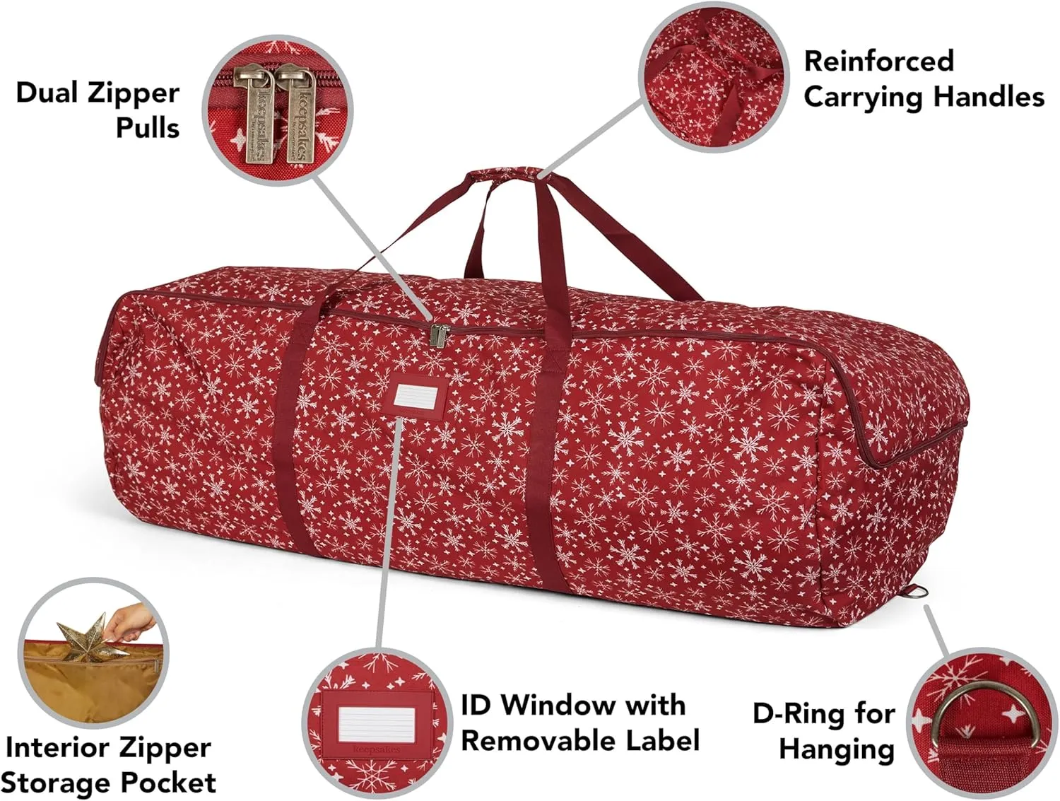 Covermates Keepsakes Garland Duffle Bag – Durable Polyester, Reinforced Handles, Fits up to 25 Foot Garland Depending on Thickness - Holiday Storage, Red Snowflake