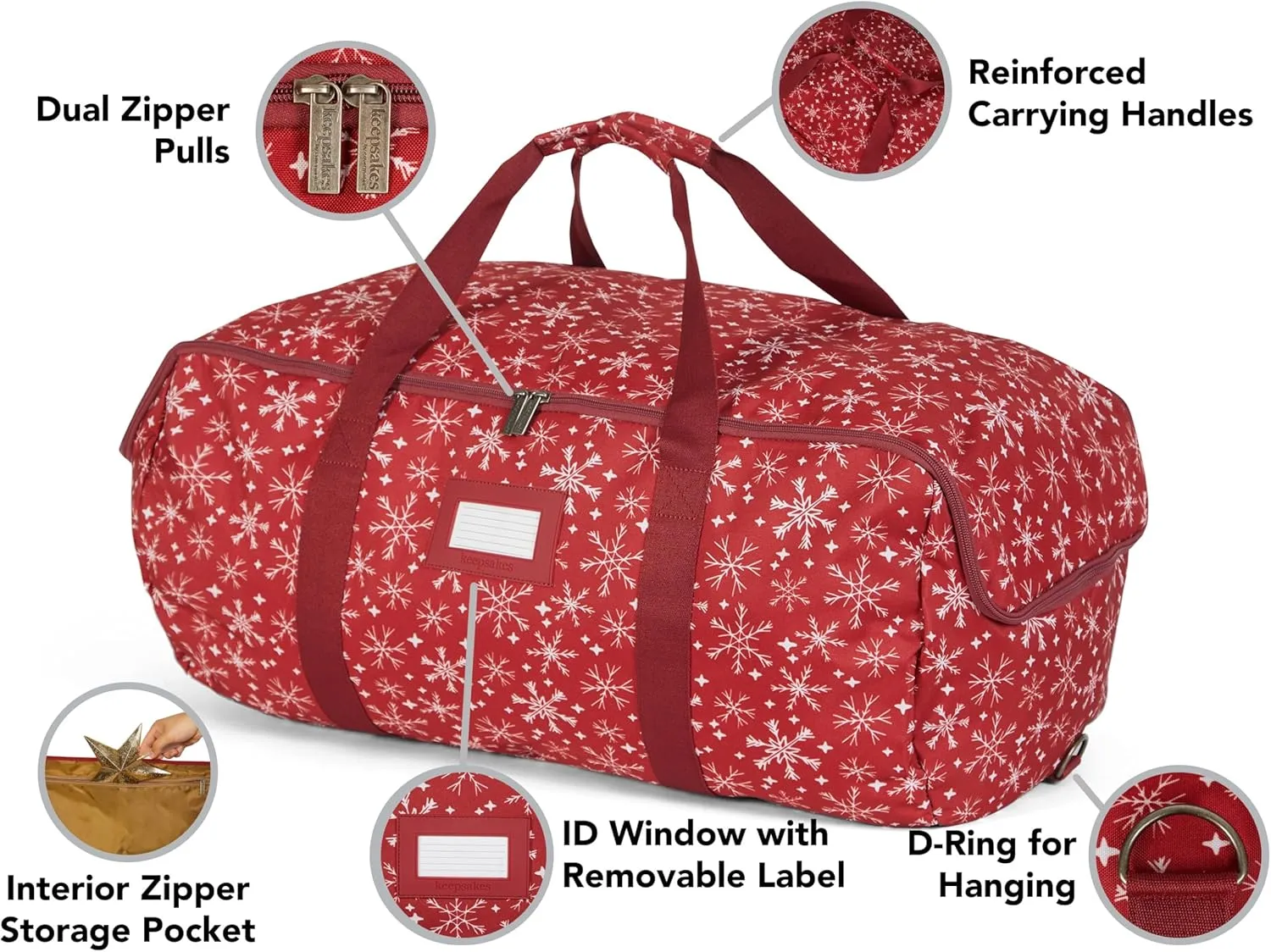 Covermates Keepsakes Garland Duffle Bag – Durable Polyester, Reinforced Handles, Fits up to 25 Foot Garland Depending on Thickness - Holiday Storage, Red Snowflake