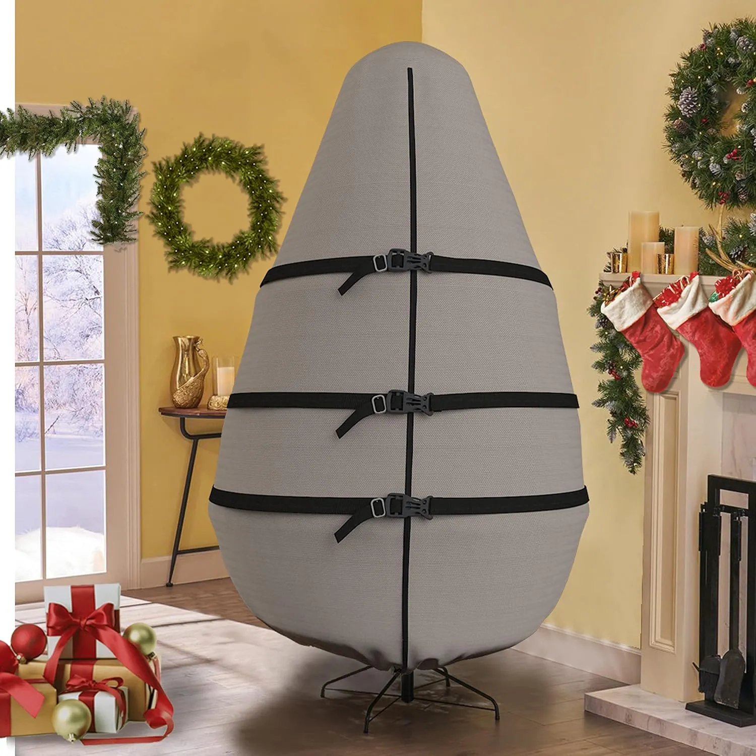Covers & all Christmas Tree Upright Storage Bag, 8 oz Heavy Duty 600 Denier Water Repellant and UV Resistant Fabric with Buckle Straps, Zipper & Drawstrings (5’ feet, Beige)