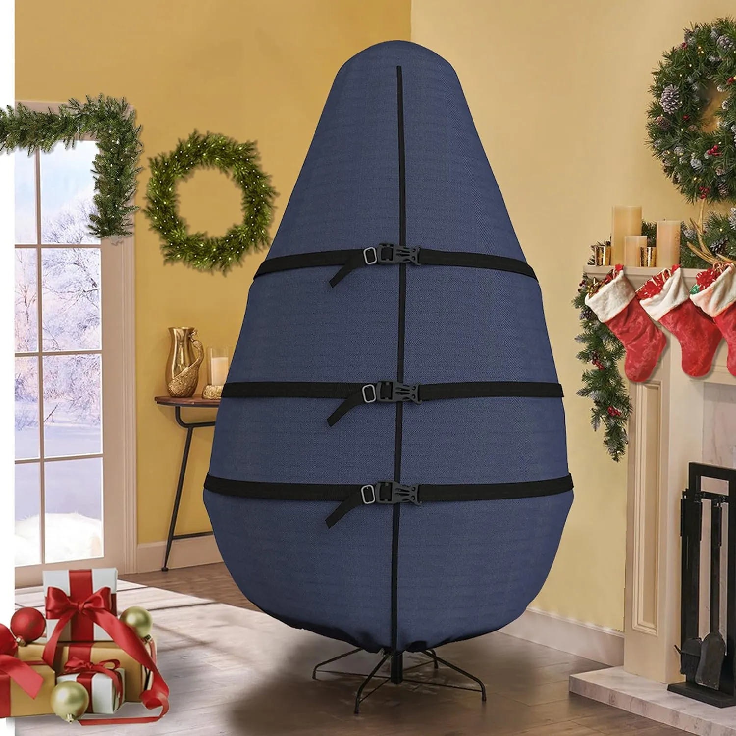 Covers & all Christmas Tree Upright Storage Bag, 8 oz Heavy Duty 600 Denier Water Repellant and UV Resistant Fabric with Buckle Straps, Zipper & Drawstrings (5’ feet, Navy Blue)