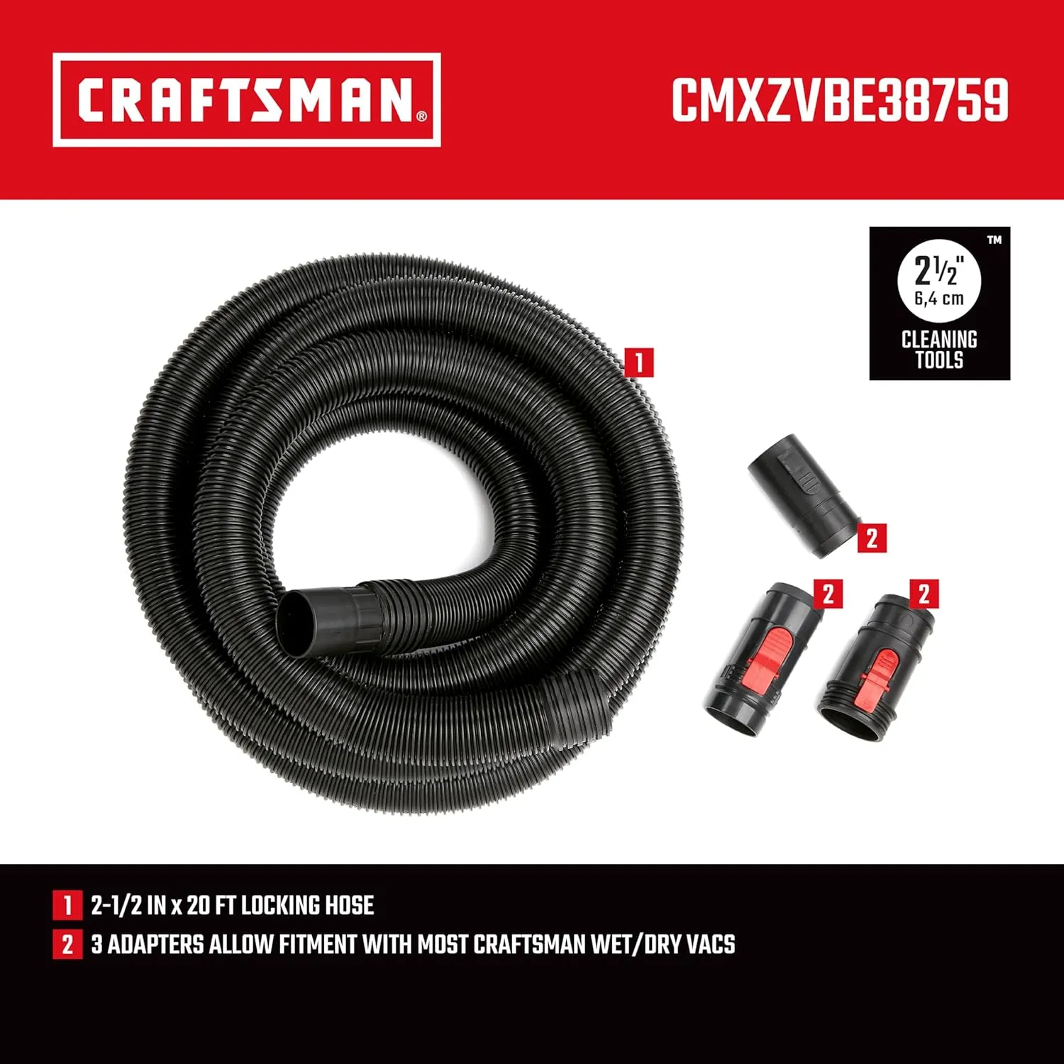 CRAFTSMAN CMXZVBE38759 2-1/2 in. x 20 ft. POS-I-LOCK Wet Dry Vac Hose Attachment Kit, Industrial-Grade Shop Vacuum Replacement Hose, Fits Most Wet/Dry Vacuums with a 2-1/2 in. Diameter