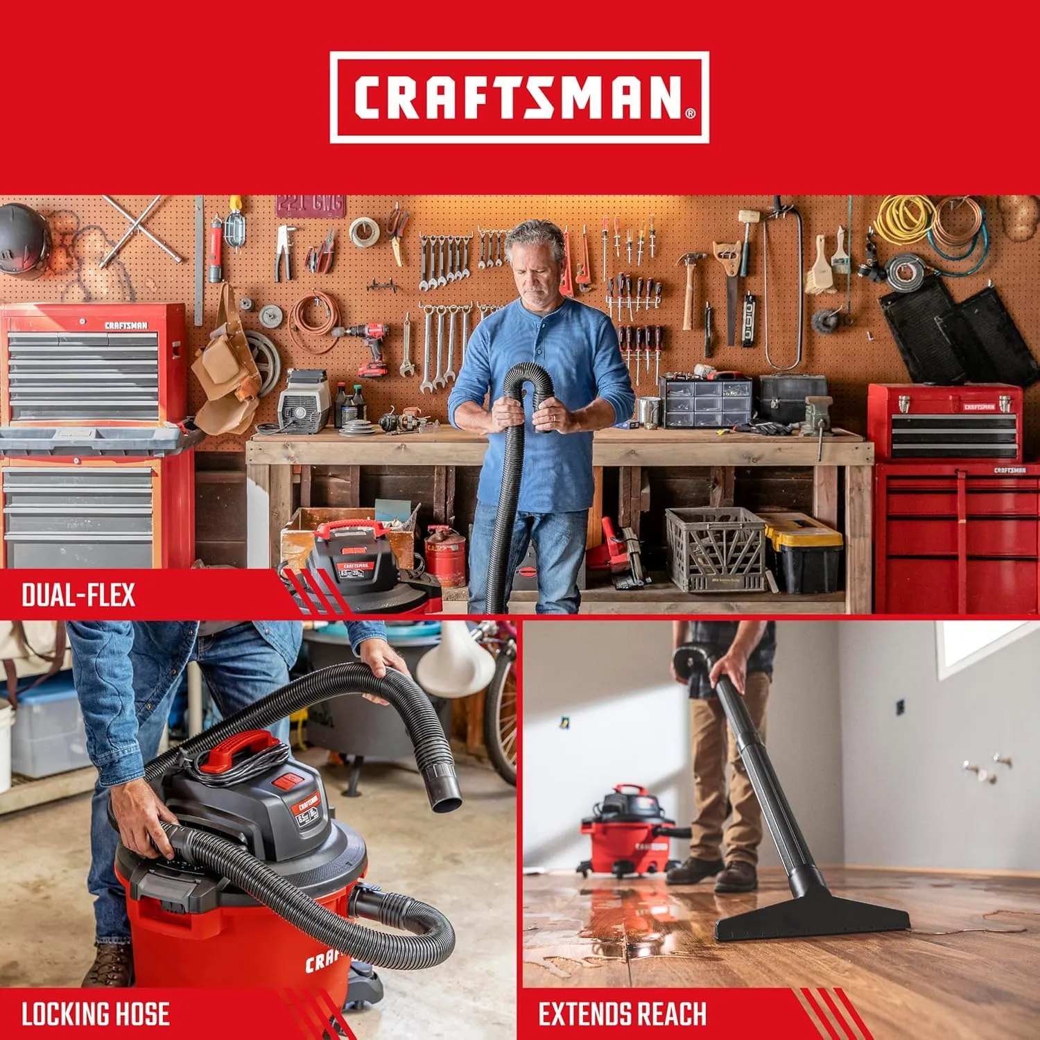 CRAFTSMAN CMXZVBE38759 2-1/2 in. x 20 ft. POS-I-LOCK Wet Dry Vac Hose Attachment Kit, Industrial-Grade Shop Vacuum Replacement Hose, Fits Most Wet/Dry Vacuums with a 2-1/2 in. Diameter