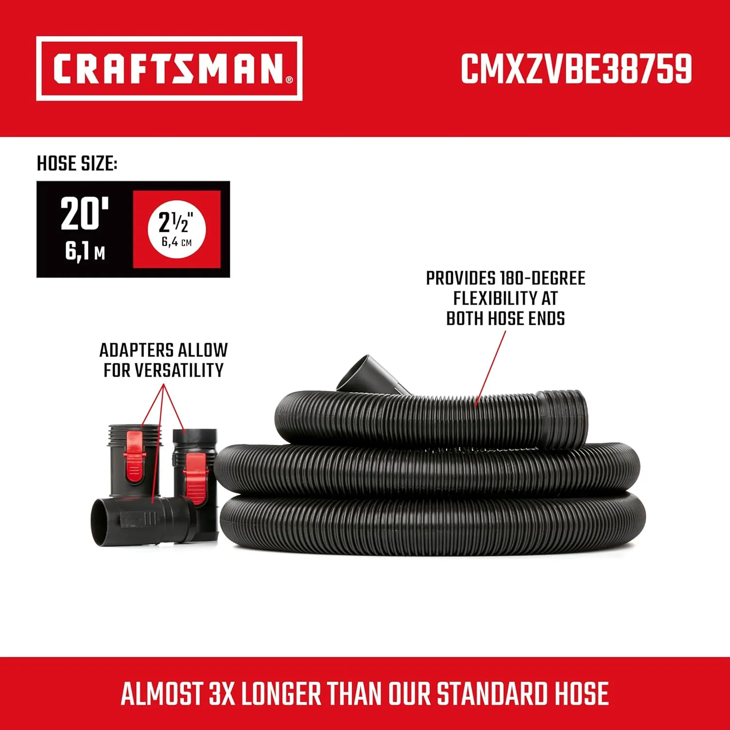 CRAFTSMAN CMXZVBE38759 2-1/2 in. x 20 ft. POS-I-LOCK Wet Dry Vac Hose Attachment Kit, Industrial-Grade Shop Vacuum Replacement Hose, Fits Most Wet/Dry Vacuums with a 2-1/2 in. Diameter