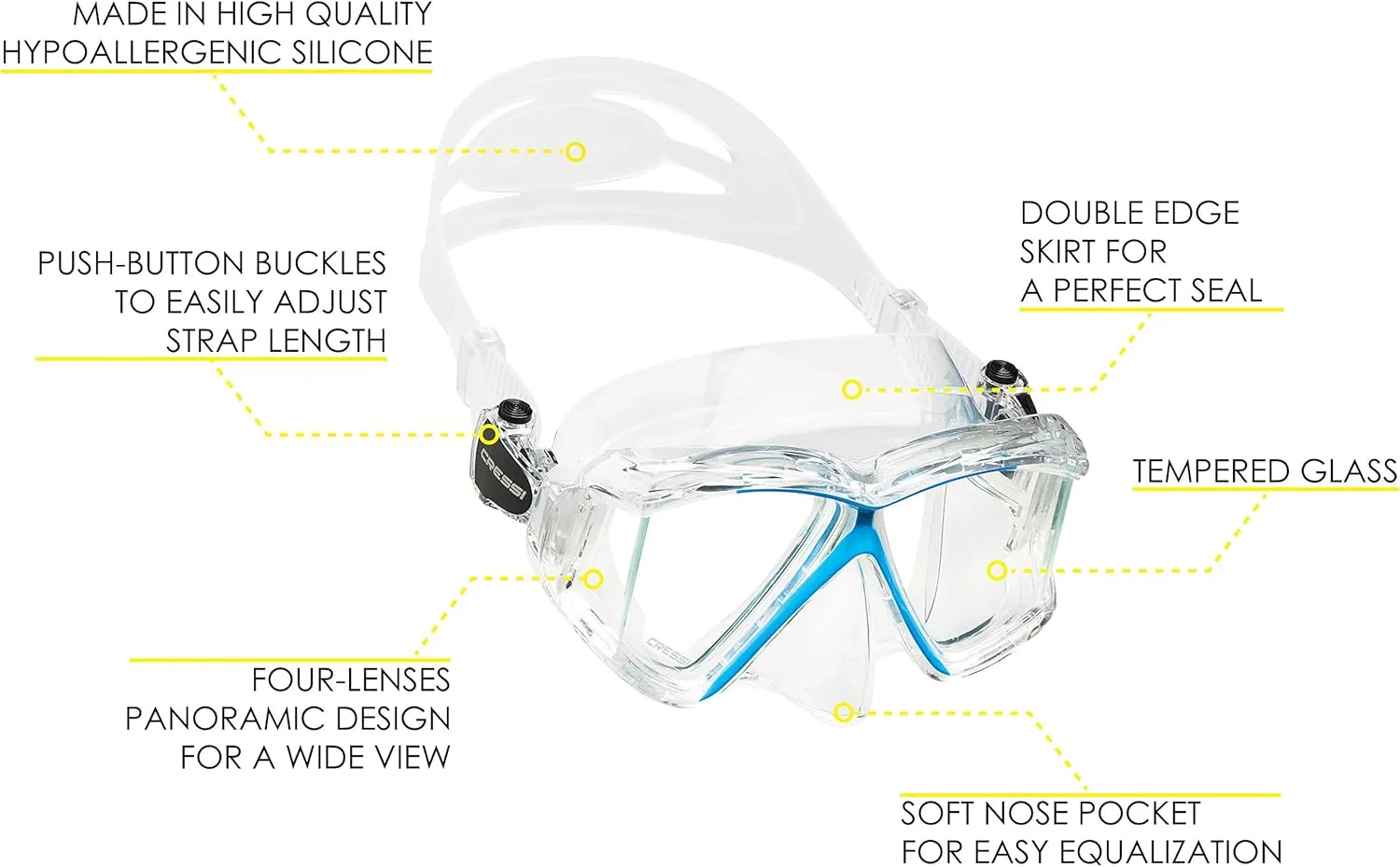 Cressi Panoramic Wide View Mask & Dry Snorkel Kit for Snorkeling, Scuba Diving - Pano 4 & Supernova Dry: Designed in Italy