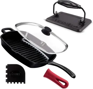Cuisinel Cast Iron Grill Pan   Rectangular Cast Iron Grill Press   Tempered Glass Lid   Pan Scraper – Pre-Seasoned Ribbed Skillet – 10.5"-Inch Square Grillig Indoor/Outdoor Camping Fire BBQ Cookware