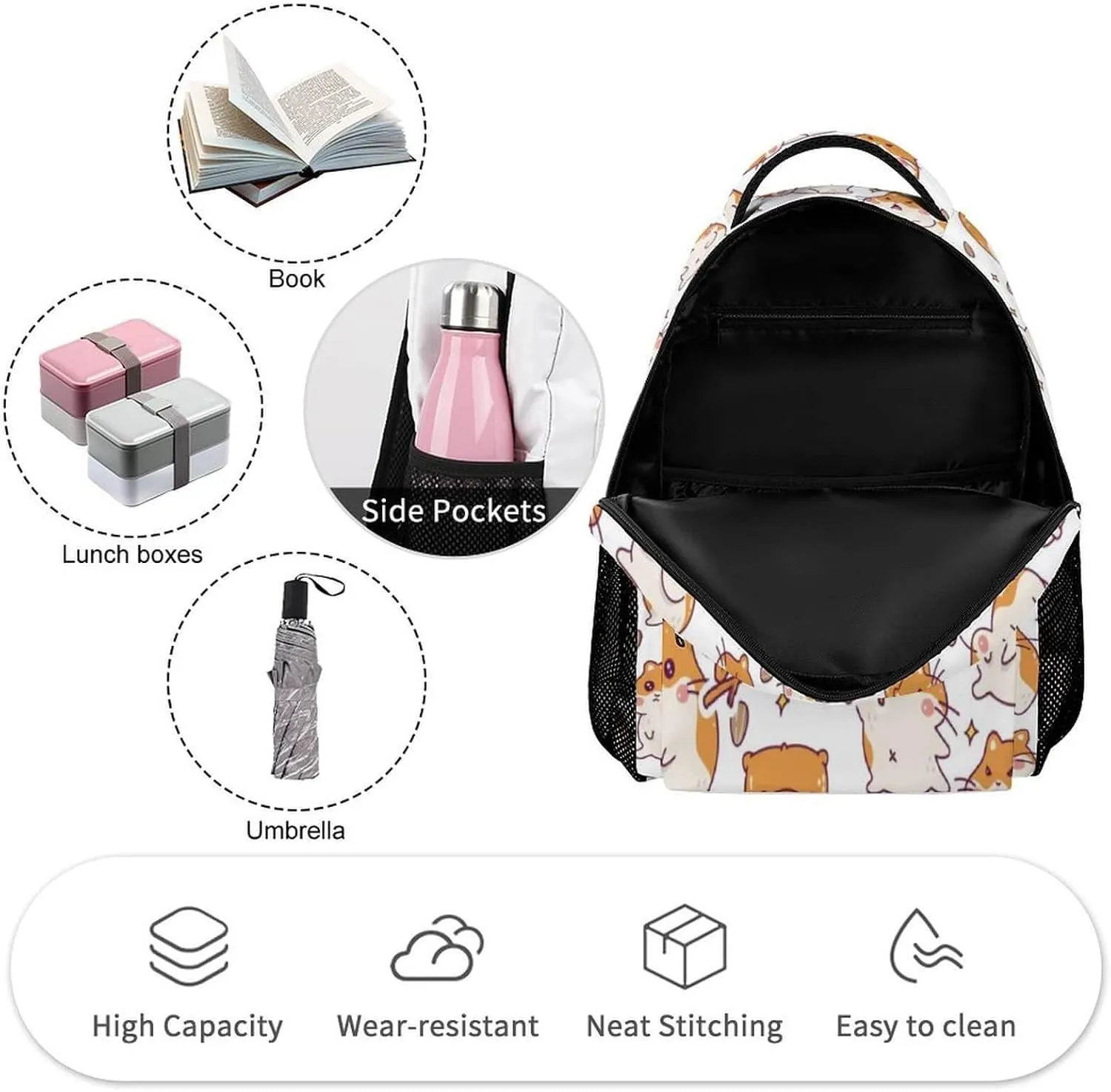Custom Hamster School Backpack for Kids Girls Boys, 16 Inch Cute Hamsters Themed Bookbag, Personalized School Backpack for Students Children, Lightweight, Large Capacity
