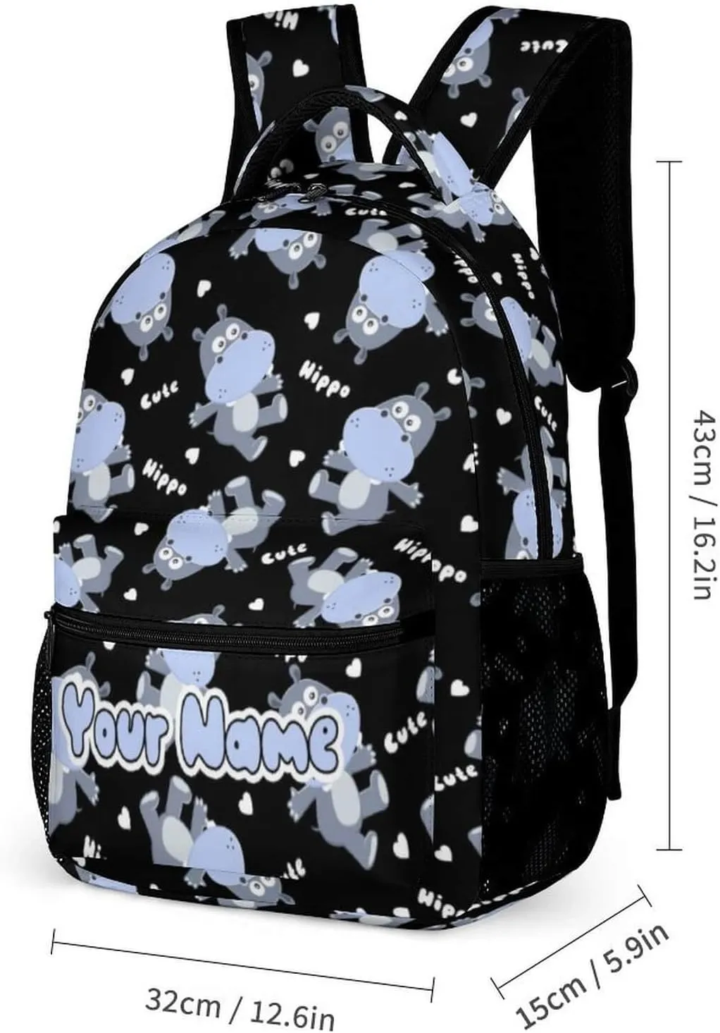 Custom Hippo School Backpack for Kids Girls Boys, 16 Inch Cute Hippos Themed Bookbag, Personalized School Backpack for Students Children, Lightweight, Large Capacity