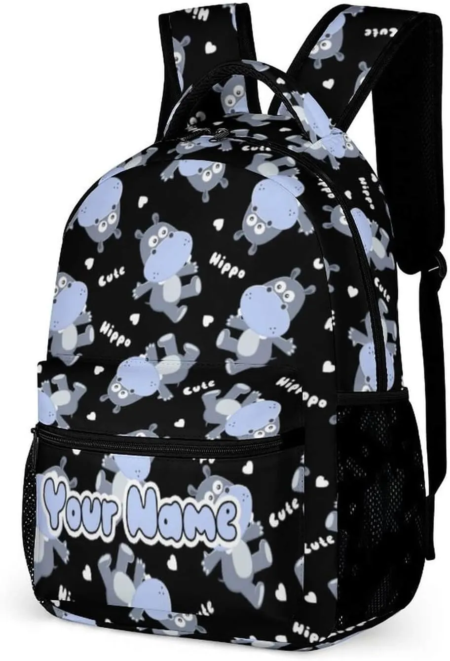 Custom Hippo School Backpack for Kids Girls Boys, 16 Inch Cute Hippos Themed Bookbag, Personalized School Backpack for Students Children, Lightweight, Large Capacity