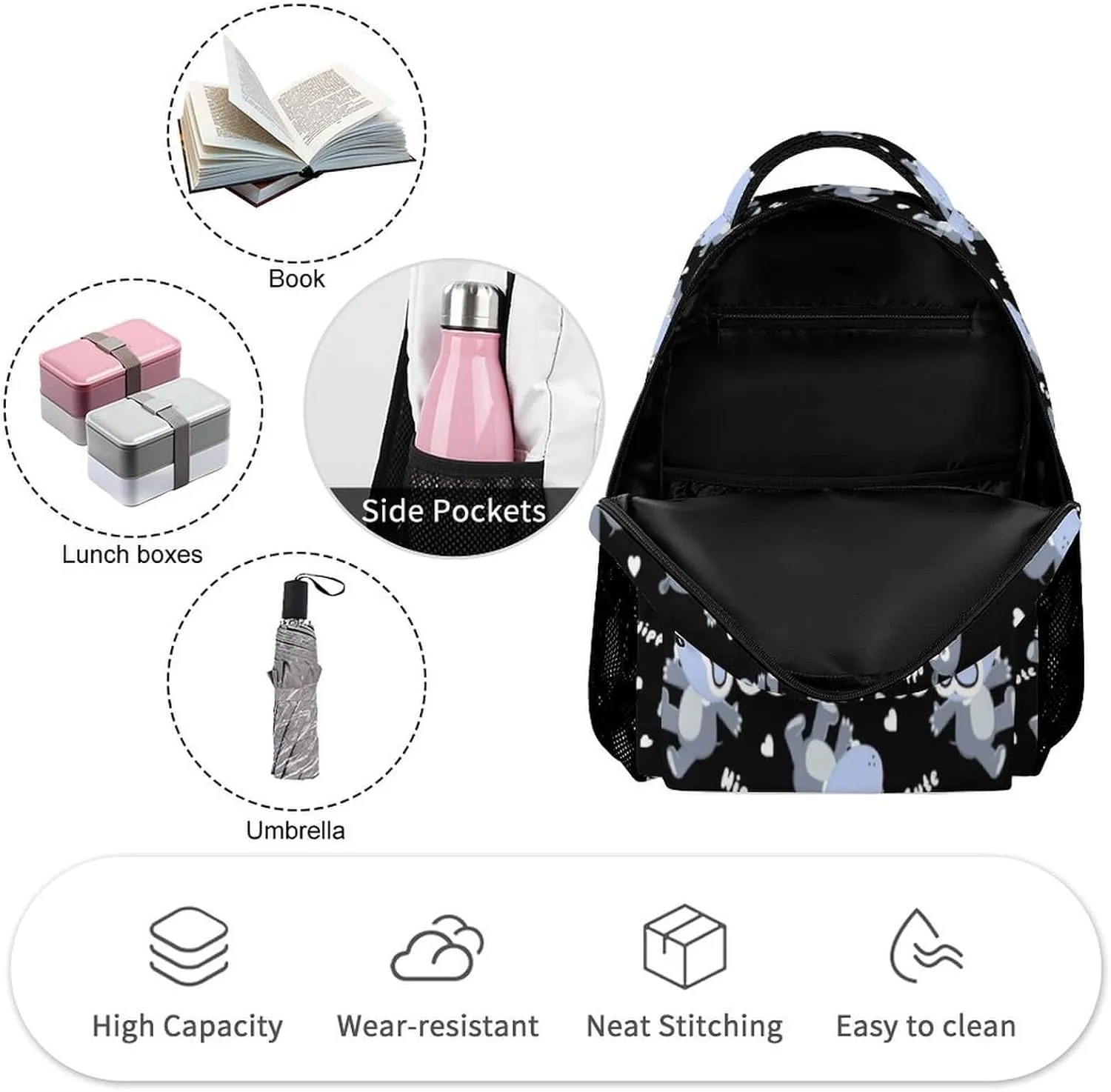 Custom Hippo School Backpack for Kids Girls Boys, 16 Inch Cute Hippos Themed Bookbag, Personalized School Backpack for Students Children, Lightweight, Large Capacity