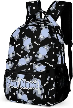 Custom Hippo School Backpack for Kids Girls Boys, 16 Inch Cute Hippos Themed Bookbag, Personalized School Backpack for Students Children, Lightweight, Large Capacity